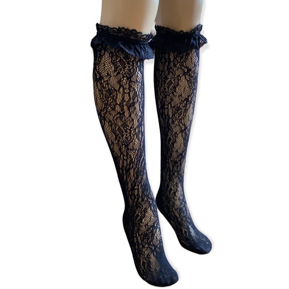 Black Lace Knee High Socks With Ruffle Top - NEW